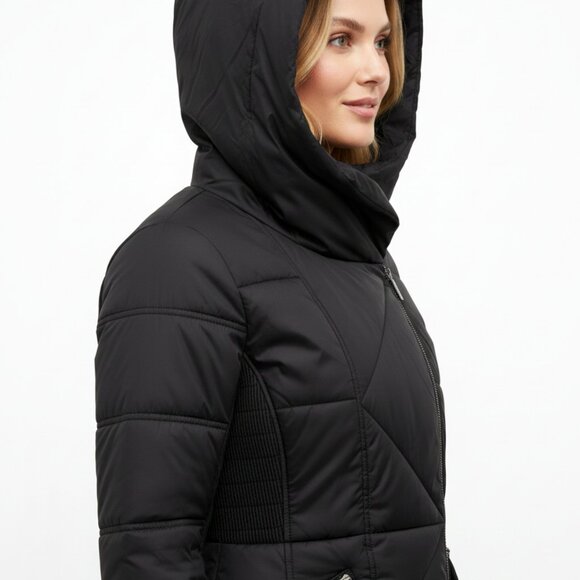 FRENCH CONNECTION Black Hooded Puffer Jacket Parka Women Sz(M) Asym.Quilted Coat - Picture 7 of 8